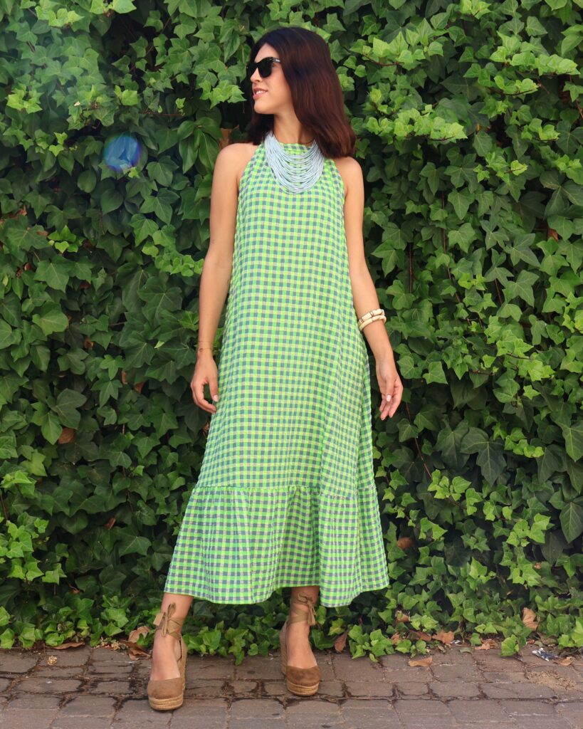 Vestido Halter Vichy Verde Flúor