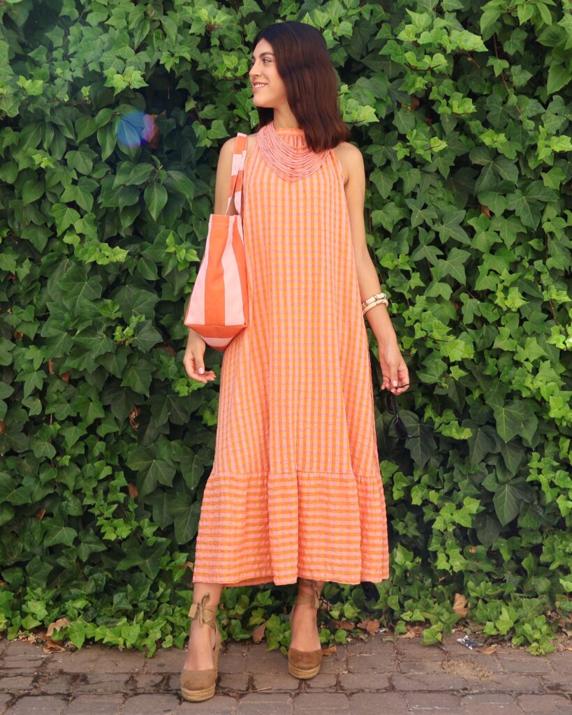 Vestido Halter Vichy Naranja Flúor