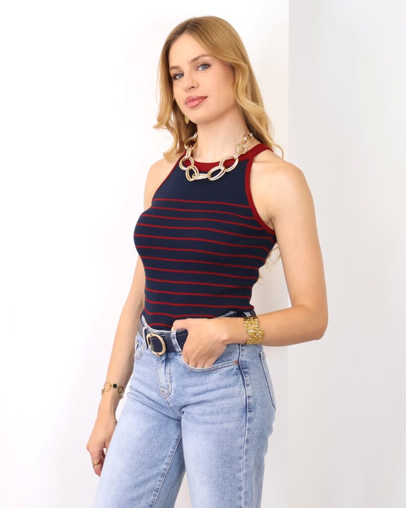 Top Halter Rayas Marino-Burdeos