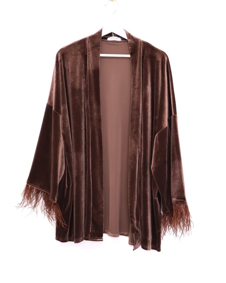 Kimono Chocolate Plumas Terciopelo